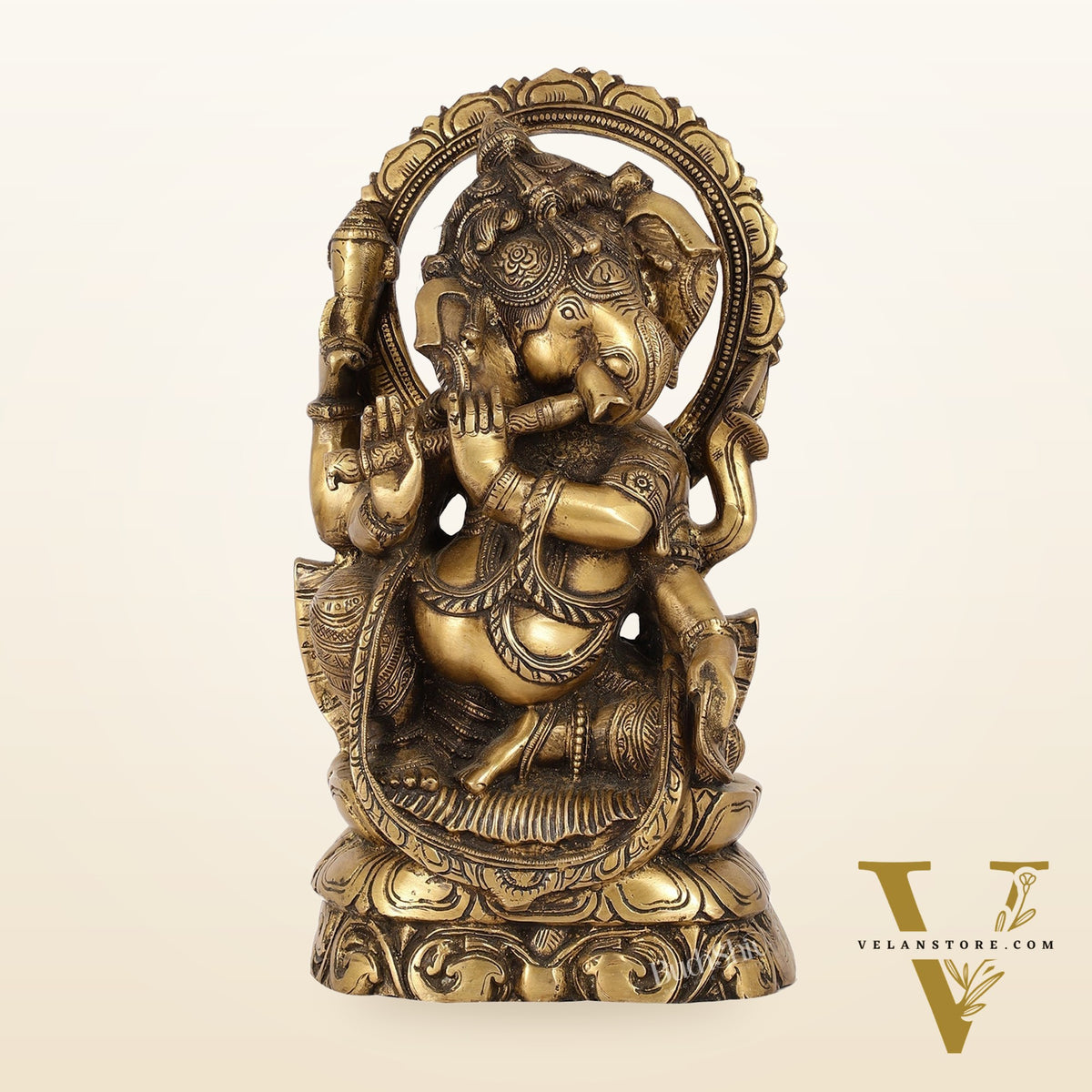 Antique Finish Brass Unique Ganesha Statue Playing Flute | 13" Height