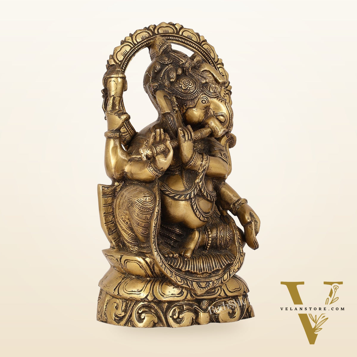 Antique Finish Brass Unique Ganesha Statue Playing Flute | 13" Height