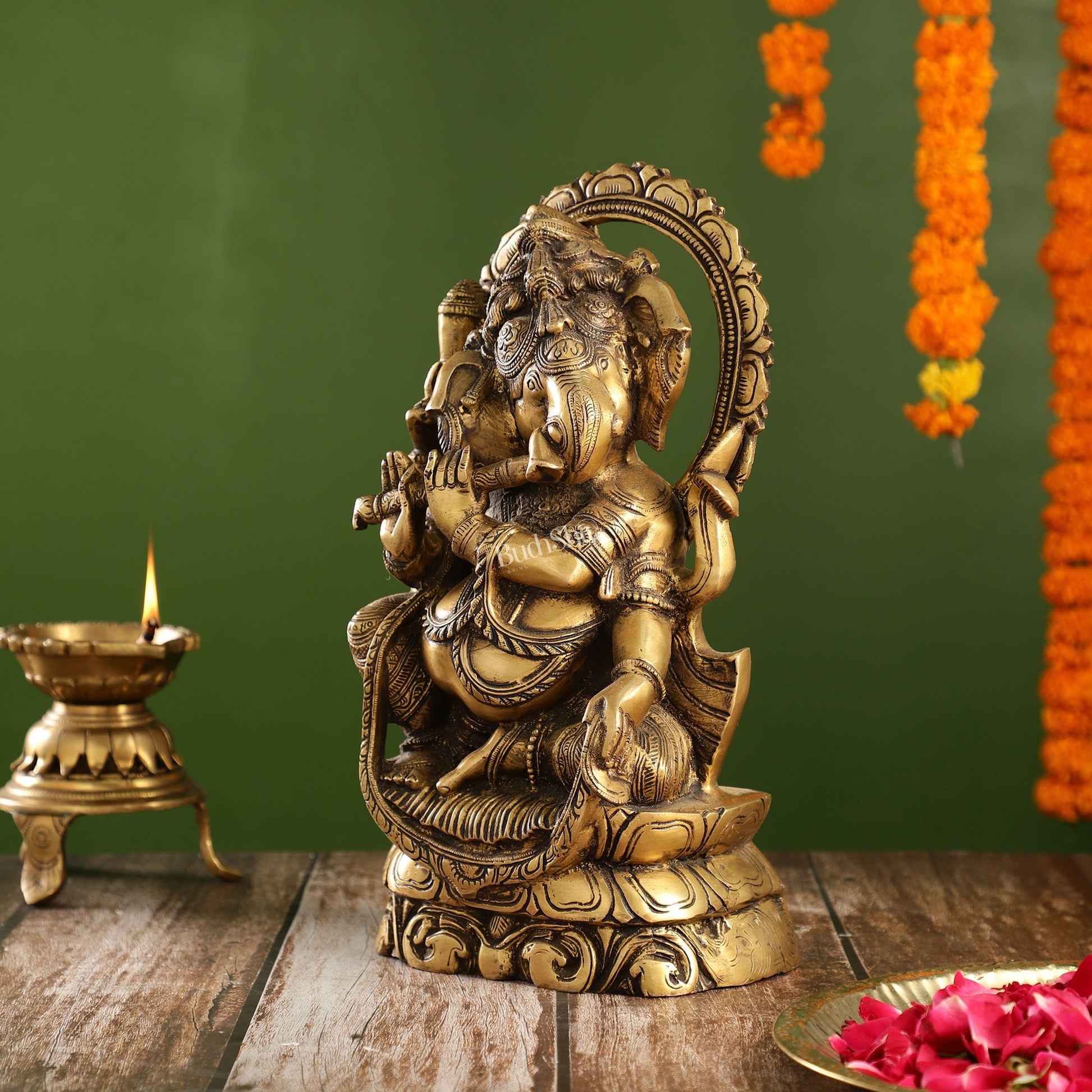 Antique Finish Brass Unique Ganesha Statue Playing Flute | 13" Height