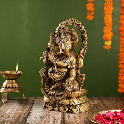 Antique Finish Brass Unique Ganesha Statue Playing Flute | 13" Height