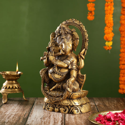 Antique Finish Brass Unique Ganesha Statue Playing Flute | 13" Height
