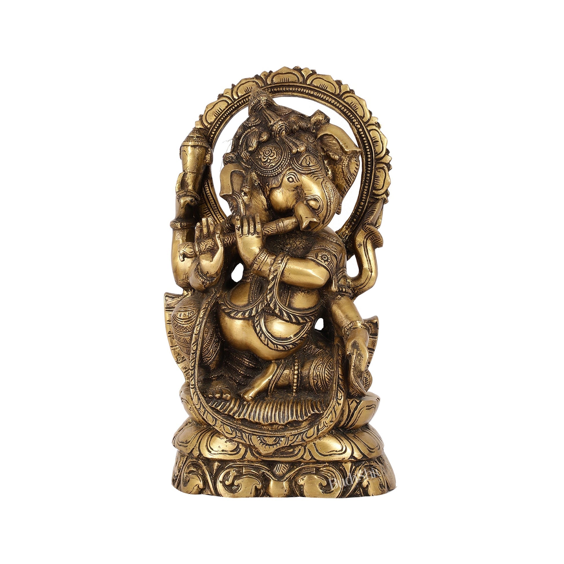 Antique Finish Brass Unique Ganesha Statue Playing Flute | 13" Height