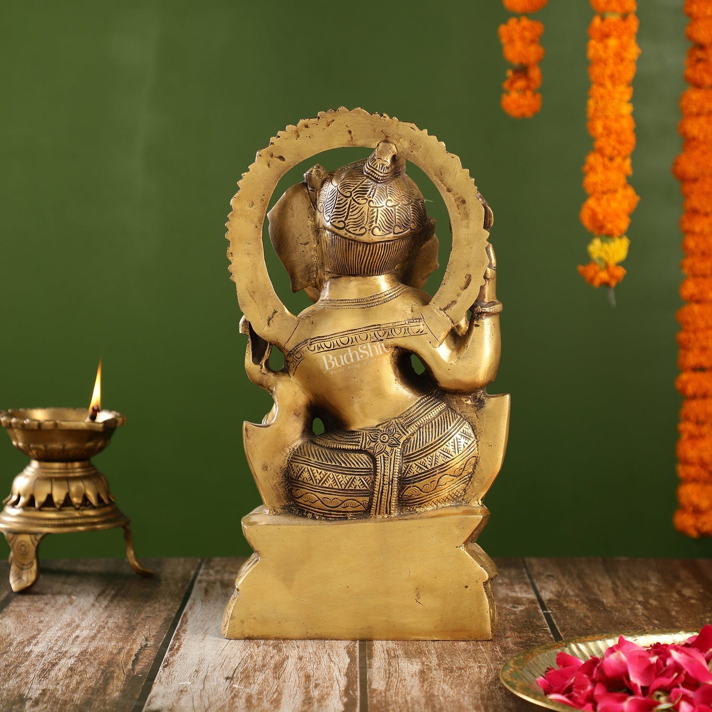 Antique Finish Brass Unique Ganesha Statue Playing Flute | 13" Height