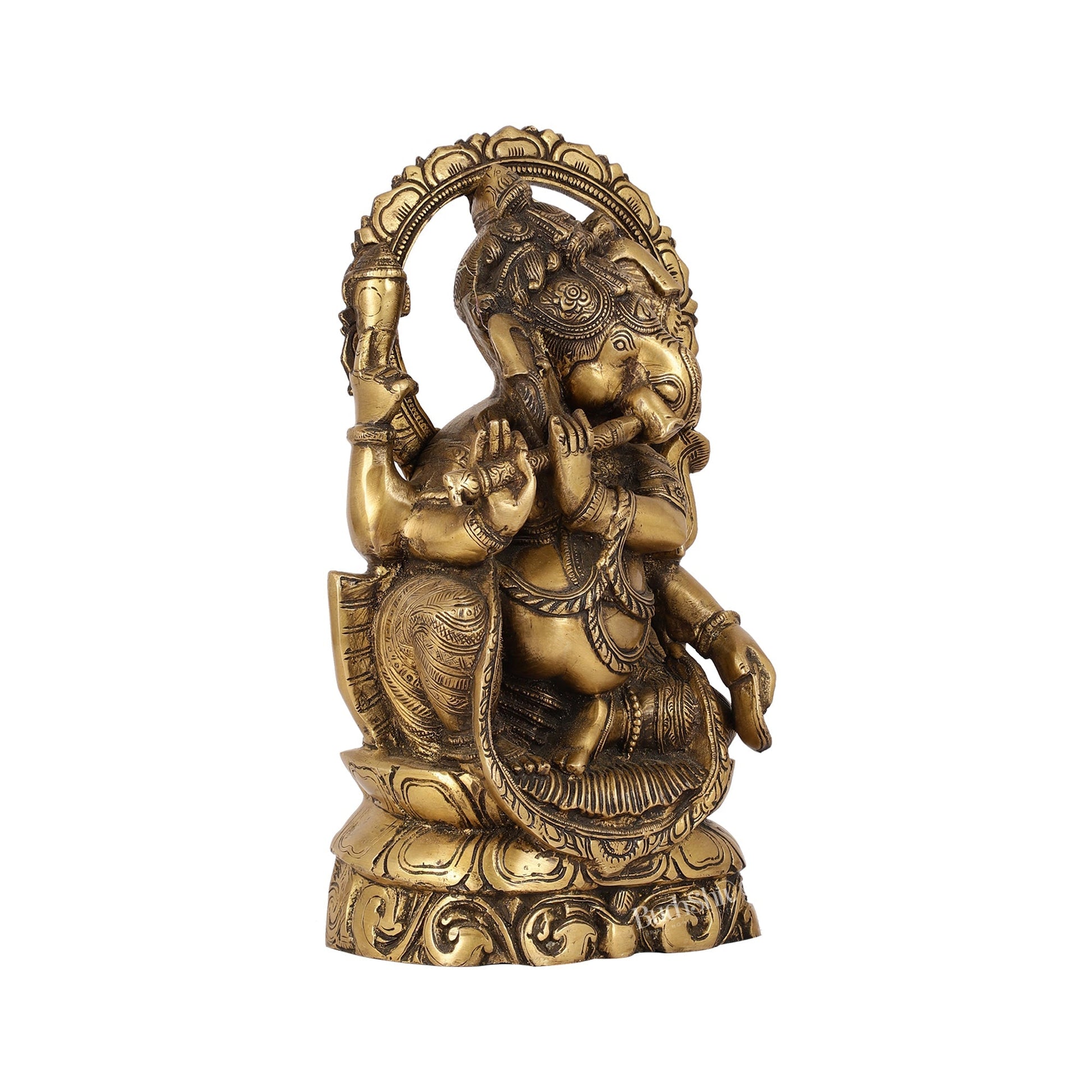 Antique Finish Brass Unique Ganesha Statue Playing Flute | 13" Height
