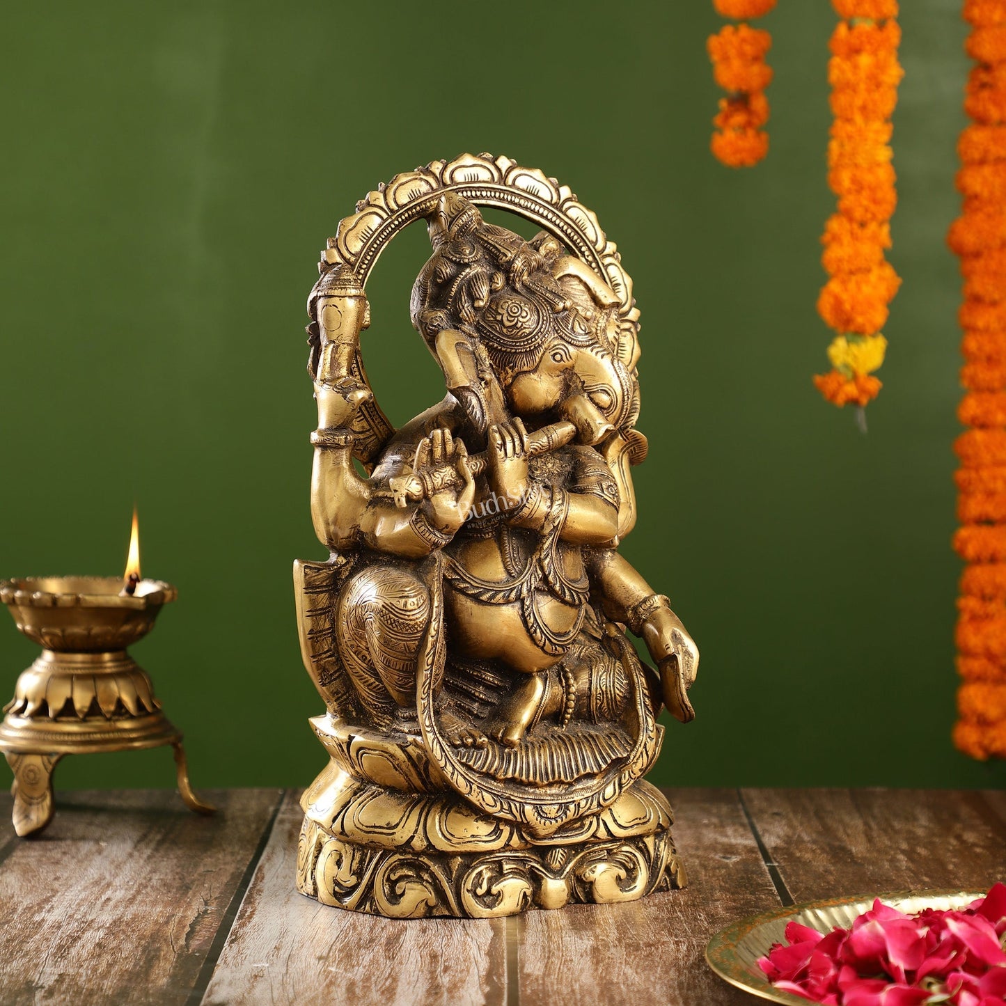 Antique Finish Brass Unique Ganesha Statue Playing Flute | 13" Height