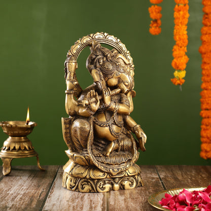 Antique Finish Brass Unique Ganesha Statue Playing Flute | 13" Height
