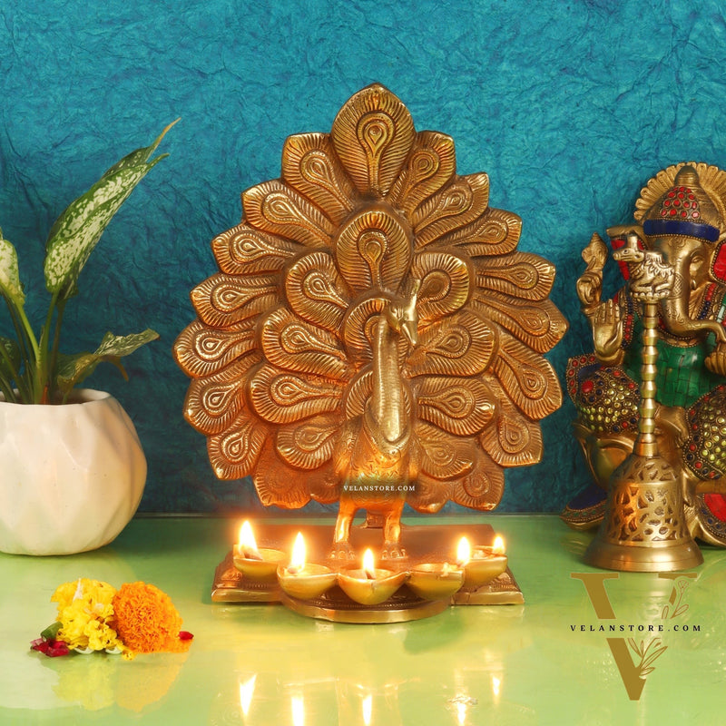 Antique Finish Large Brass Peacock Panchdeep | Exquisite Home Decor 12.5 "