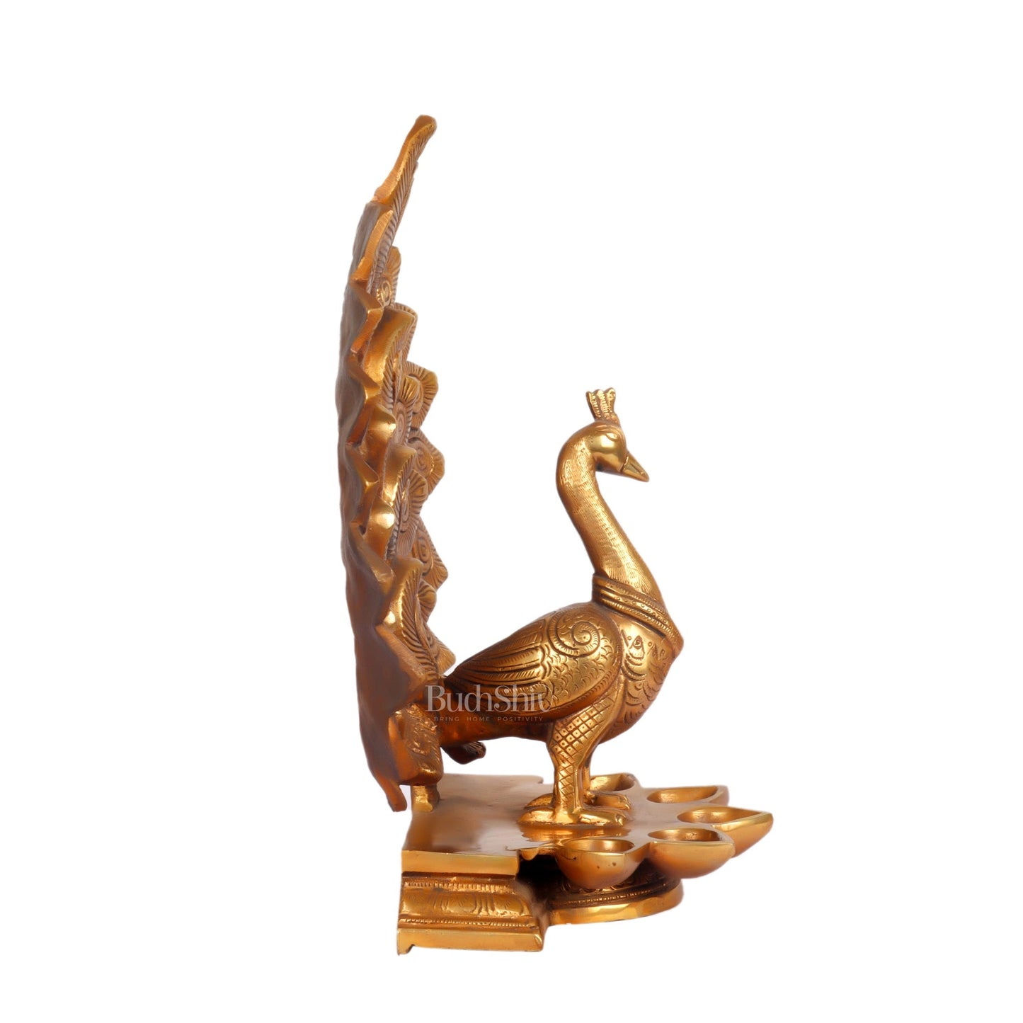 Antique Finish Large Brass Peacock Panchdeep | Exquisite Home Decor 12.5 "