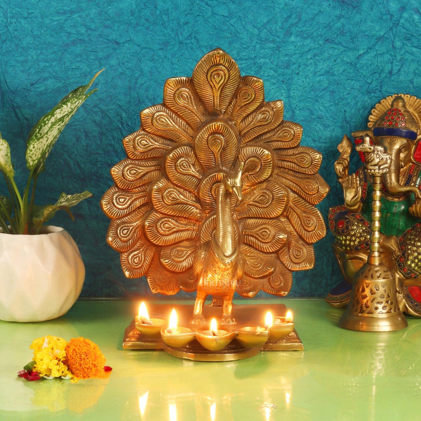 Antique Finish Large Brass Peacock Panchdeep | Exquisite Home Decor 12.5 "