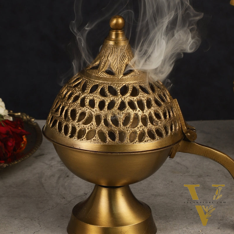 Antique Finish Pure Brass Dhoop Burner with Handle 8"