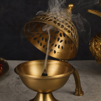 Antique Finish Pure Brass Dhoop Burner with Handle 8"
