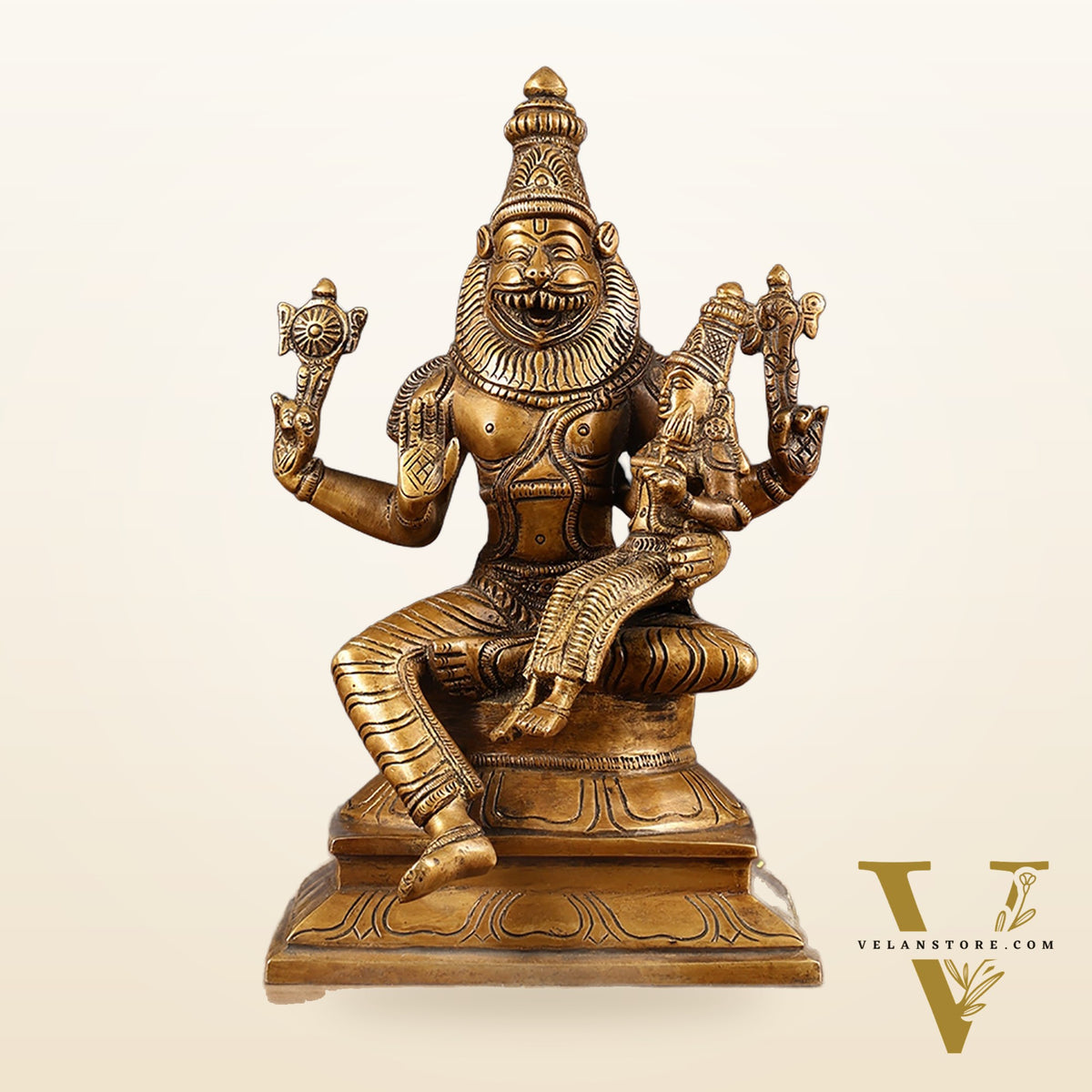 Antique Pure Brass Lord Narasimha with Goddess Lakshmi Statue | Height: 9 inch