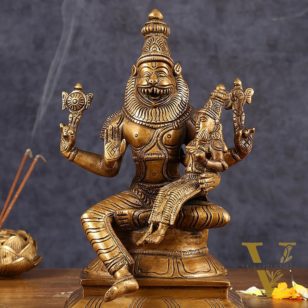 Antique Pure Brass Lord Narasimha with Goddess Lakshmi Statue | Height: 9 inch