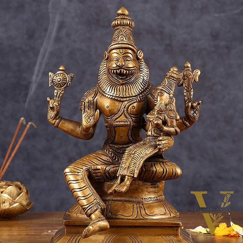 Antique Pure Brass Lord Narasimha with Goddess Lakshmi Statue | Height: 9 inch