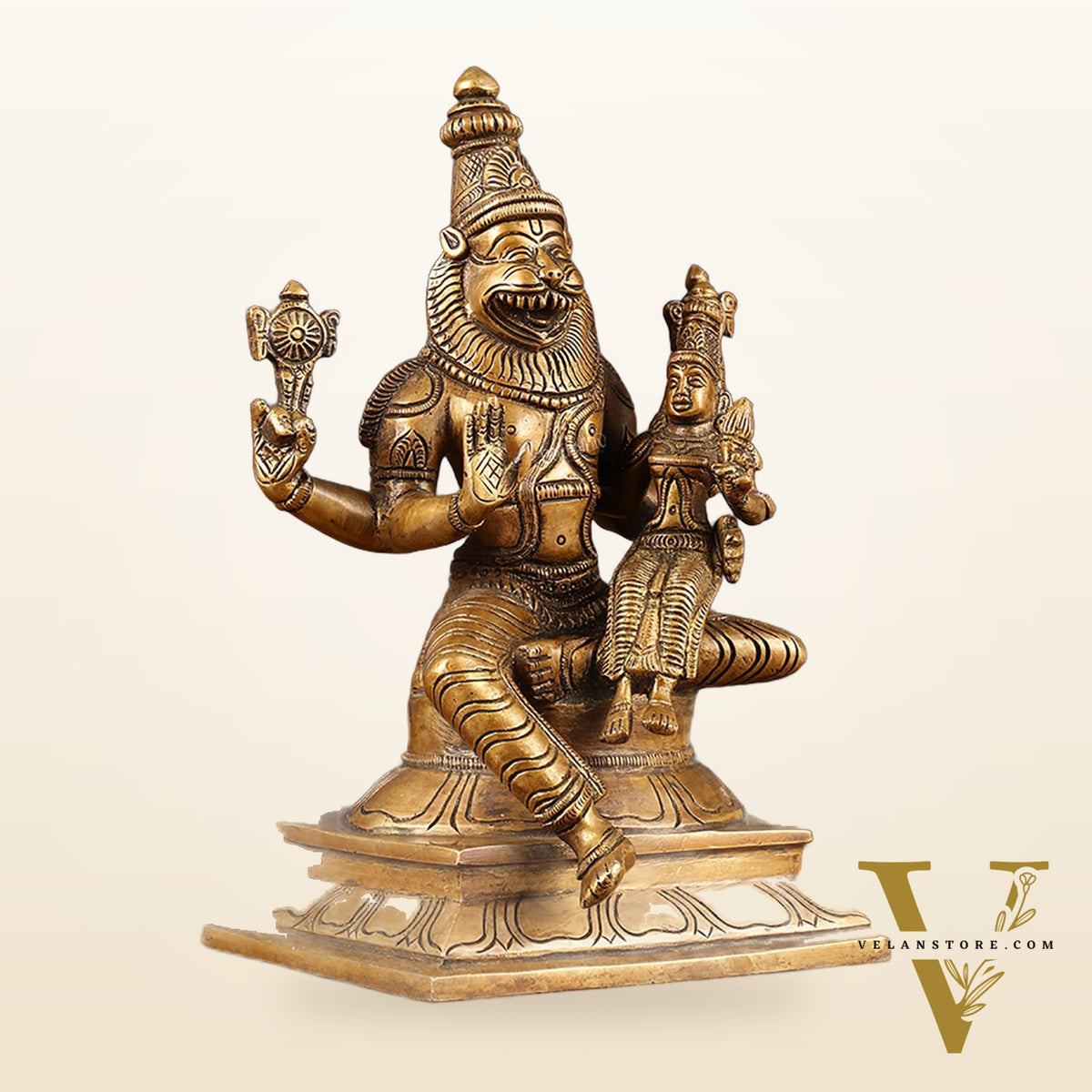 Antique Pure Brass Lord Narasimha with Goddess Lakshmi Statue | Height: 9 inch