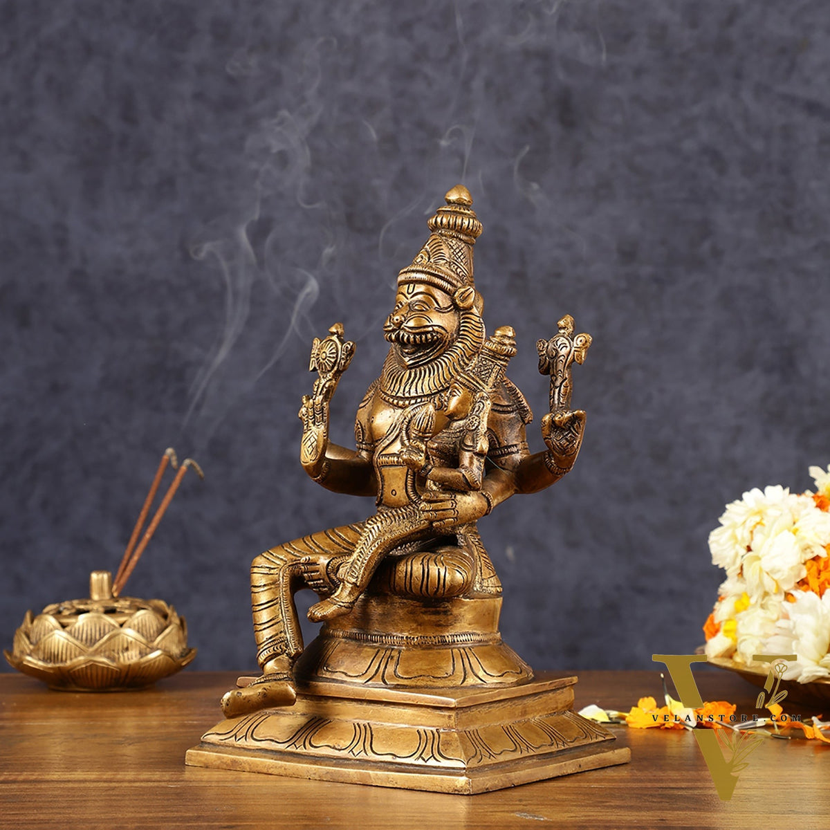 Antique Pure Brass Lord Narasimha with Goddess Lakshmi Statue | Height: 9 inch