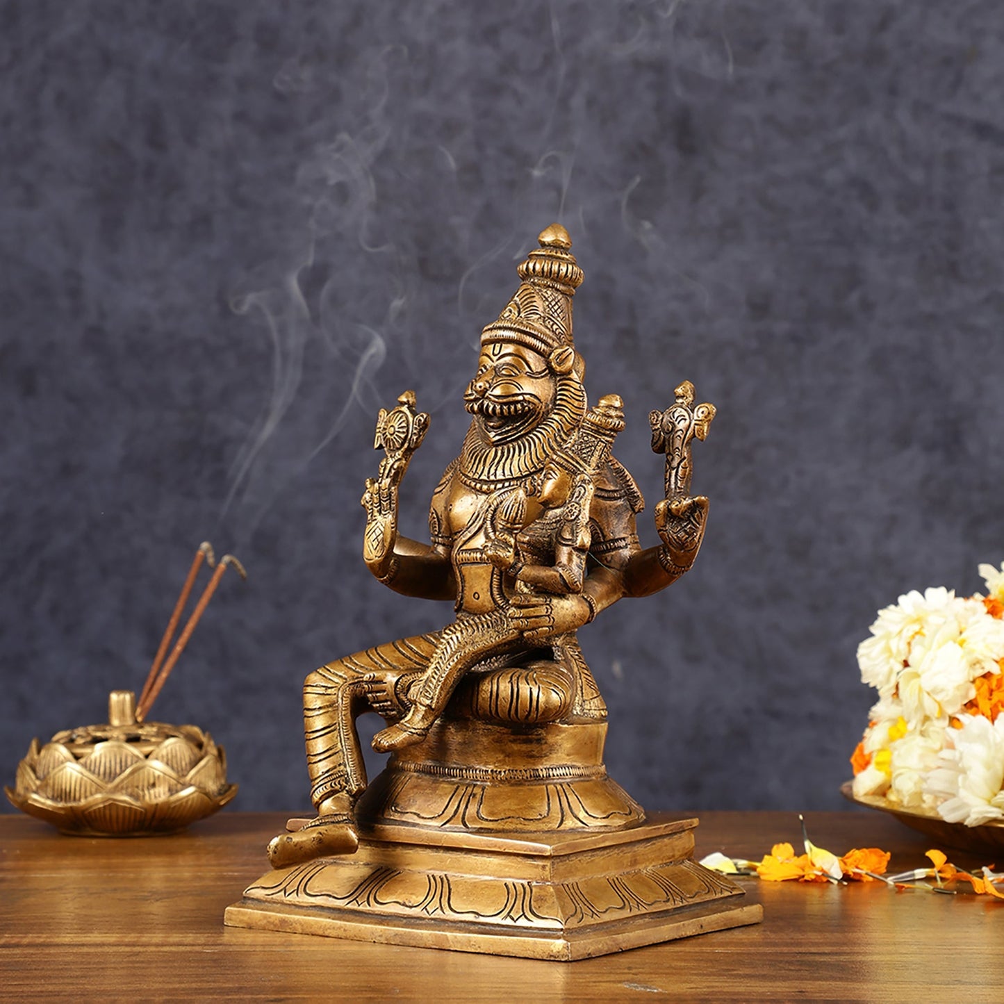 Antique Pure Brass Lord Narasimha with Goddess Lakshmi Statue | Height: 9 inch