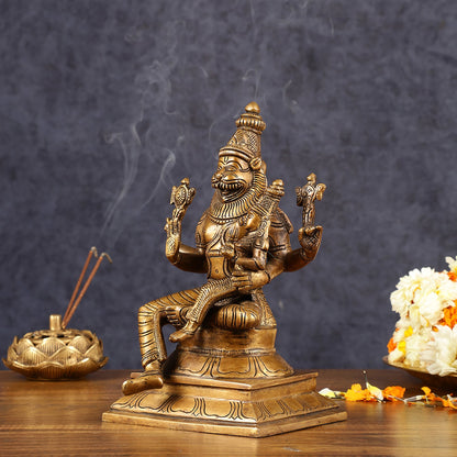 Antique Pure Brass Lord Narasimha with Goddess Lakshmi Statue | Height: 9 inch