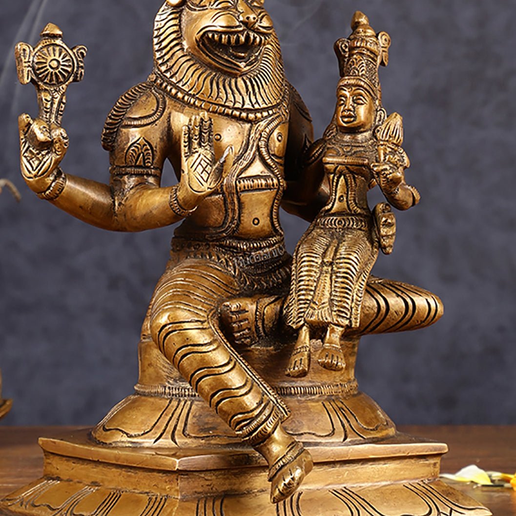 Antique Pure Brass Lord Narasimha with Goddess Lakshmi Statue | Height: 9 inch