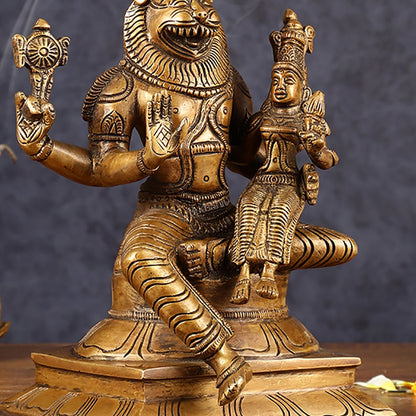 Antique Pure Brass Lord Narasimha with Goddess Lakshmi Statue | Height: 9 inch