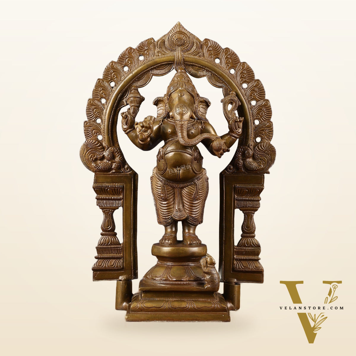 Antique Standing Ganapati Brass Statue with Prabhavali Arch | 14 inches