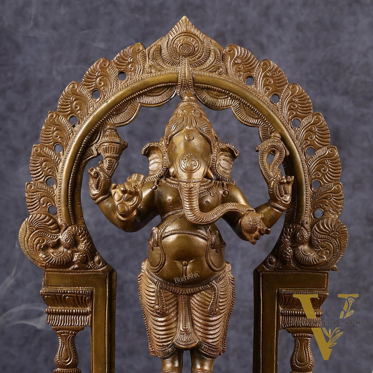 Antique Standing Ganapati Brass Statue with Prabhavali Arch | 14 inches