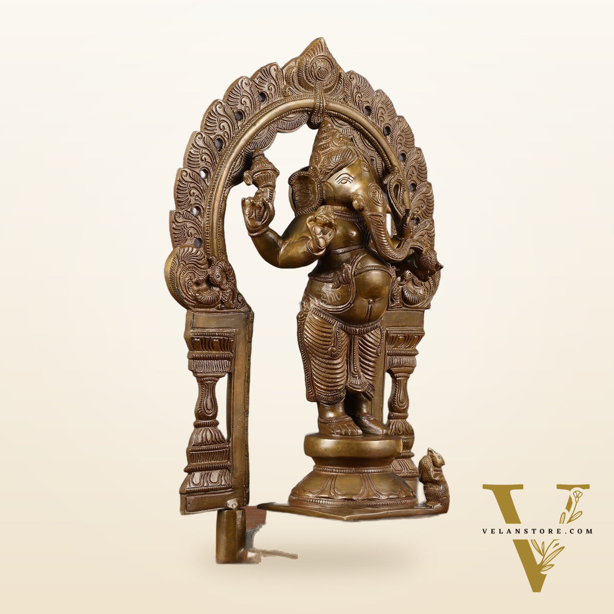Antique Standing Ganapati Brass Statue with Prabhavali Arch | 14 inches