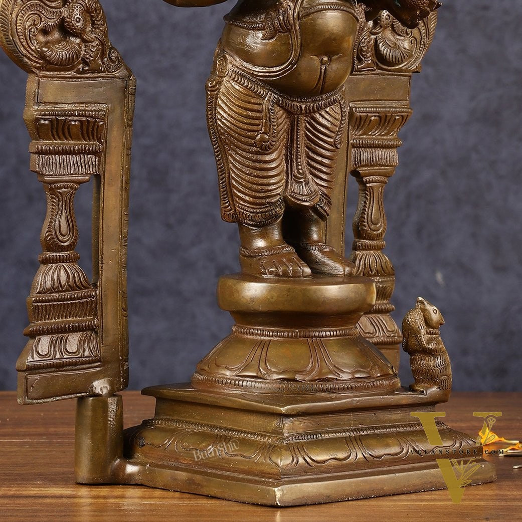 Antique Standing Ganapati Brass Statue with Prabhavali Arch | 14 inches