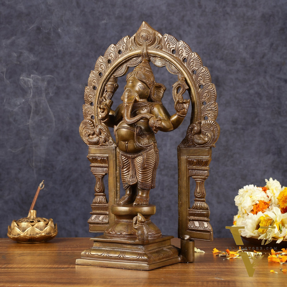 Antique Standing Ganapati Brass Statue with Prabhavali Arch | 14 inches