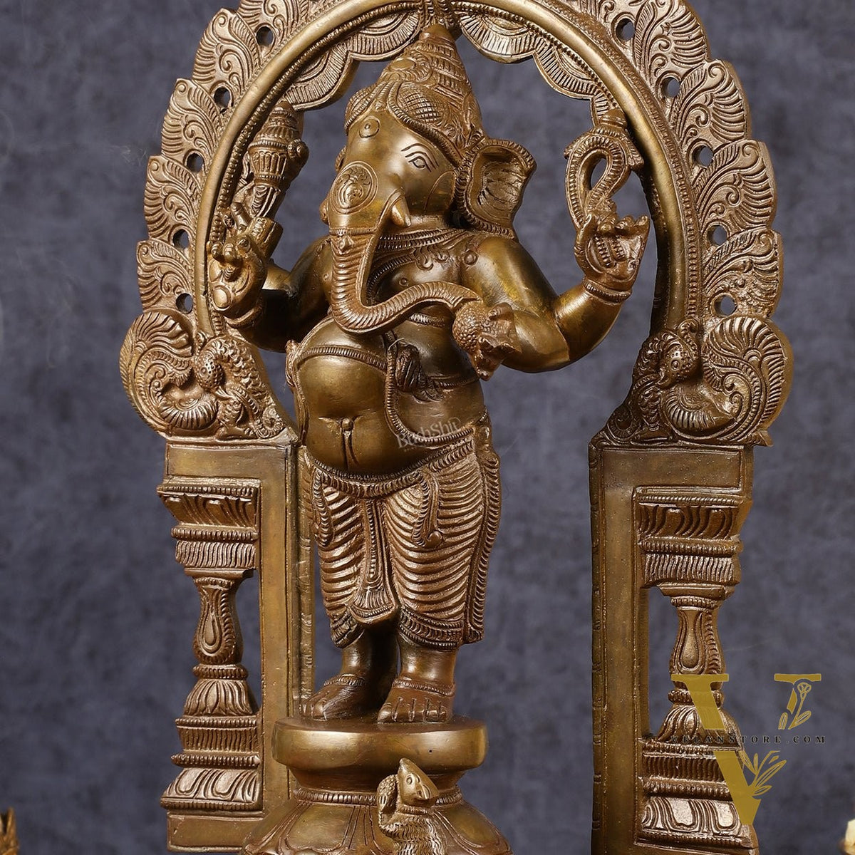 Antique Standing Ganapati Brass Statue with Prabhavali Arch | 14 inches