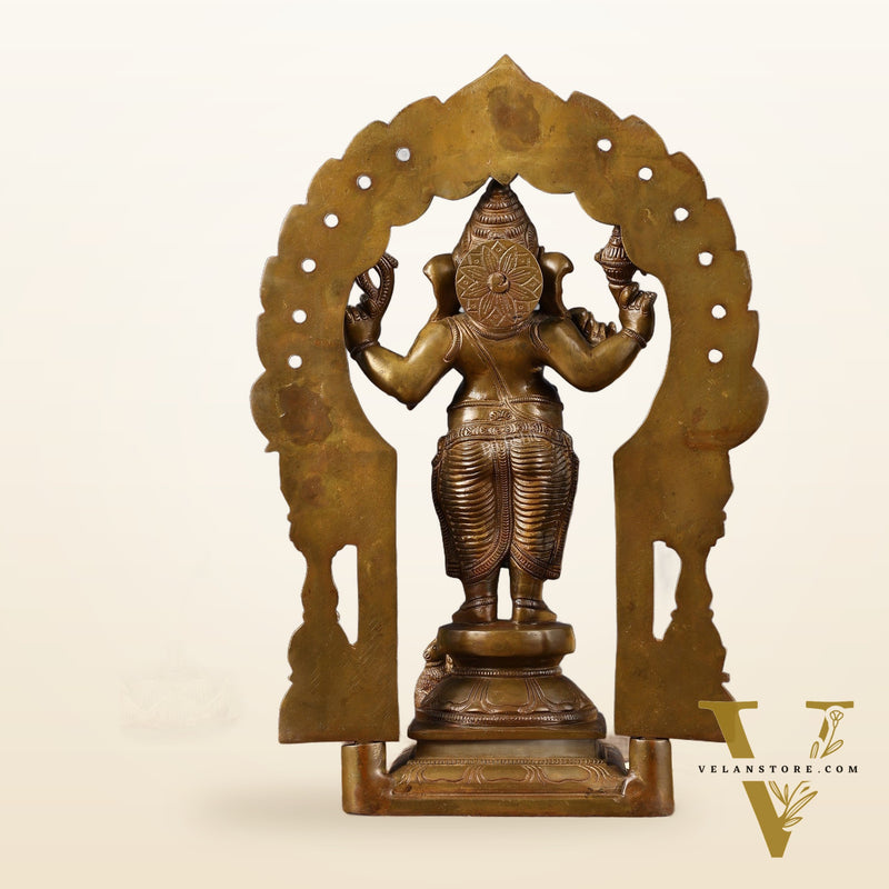 Antique Standing Ganapati Brass Statue with Prabhavali Arch | 14 inches