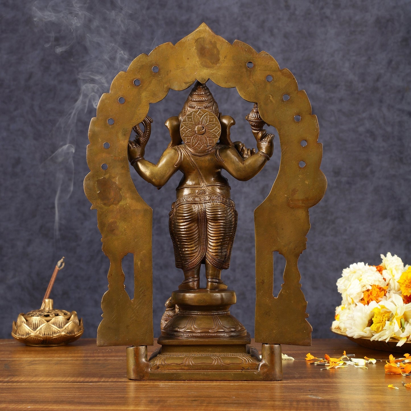 Antique Standing Ganapati Brass Statue with Prabhavali Arch | 14 inches