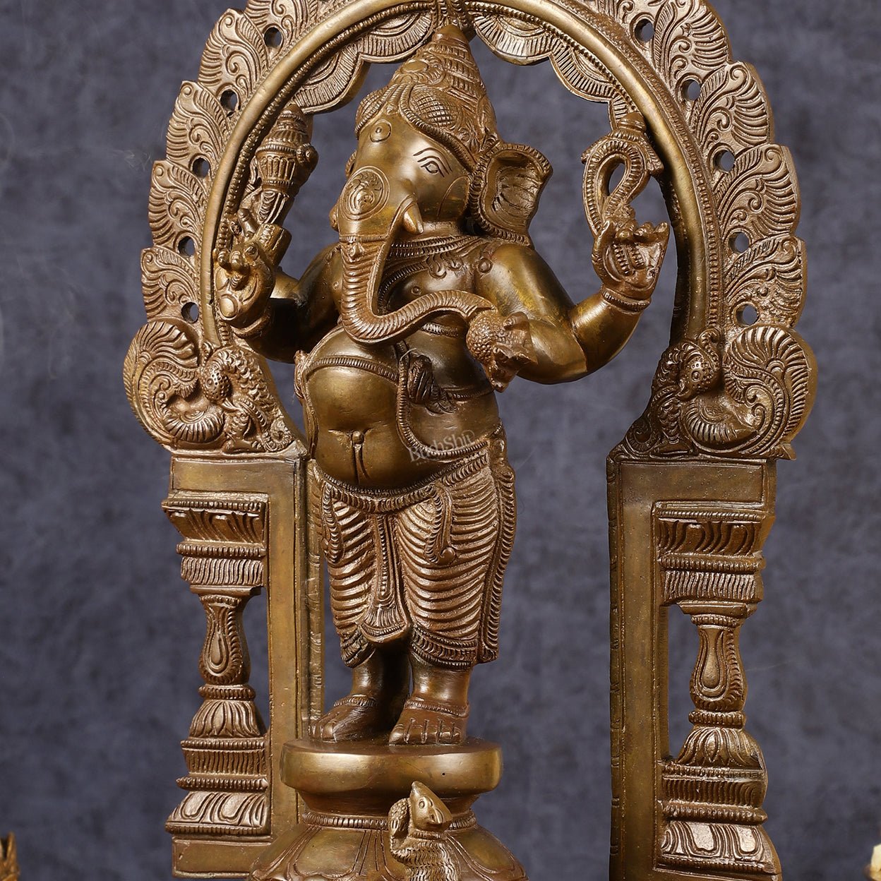 Antique Standing Ganapati Brass Statue with Prabhavali Arch | 14 inches