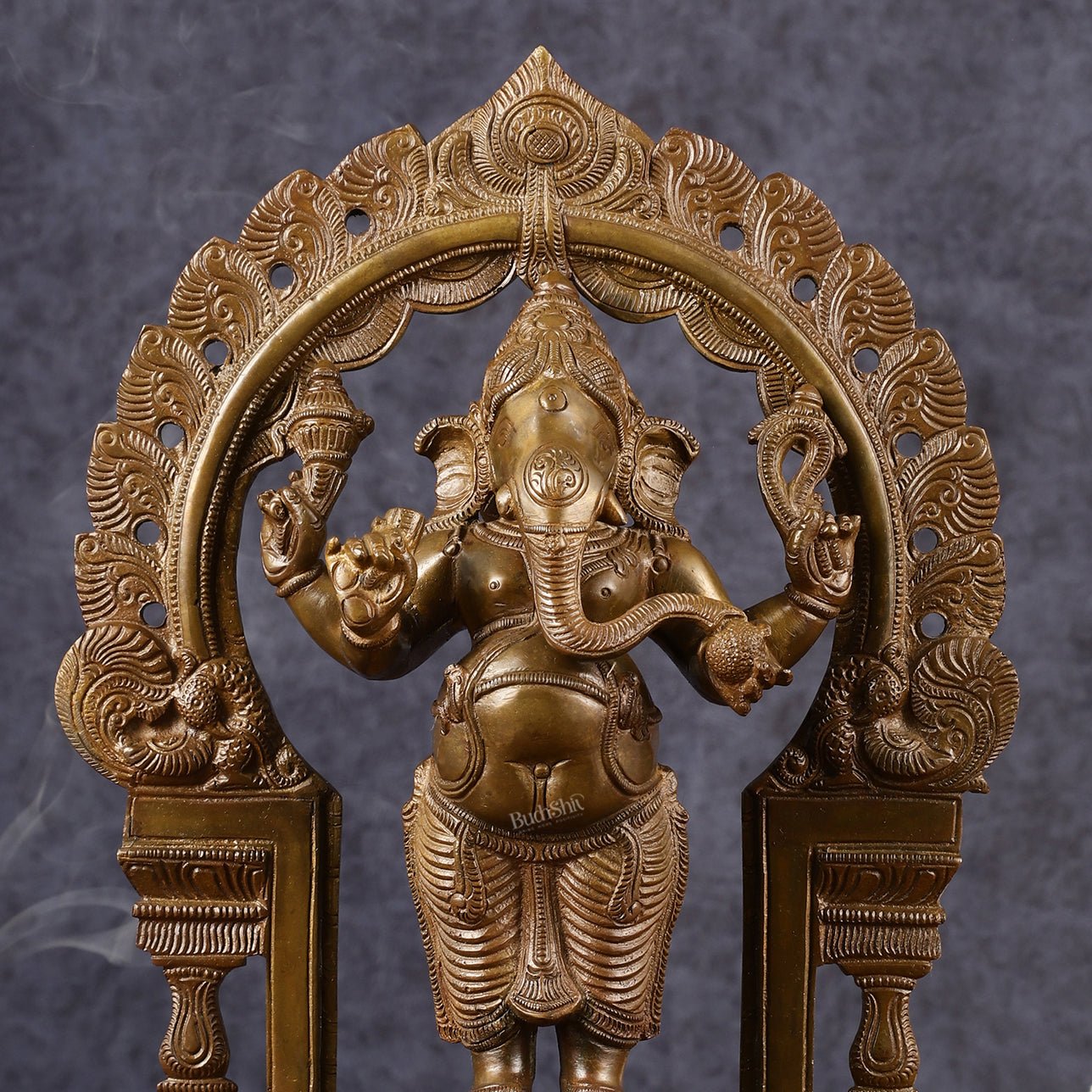 Antique Standing Ganapati Brass Statue with Prabhavali Arch | 14 inches