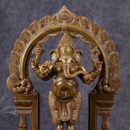 Antique Standing Ganapati Brass Statue with Prabhavali Arch | 14 inches
