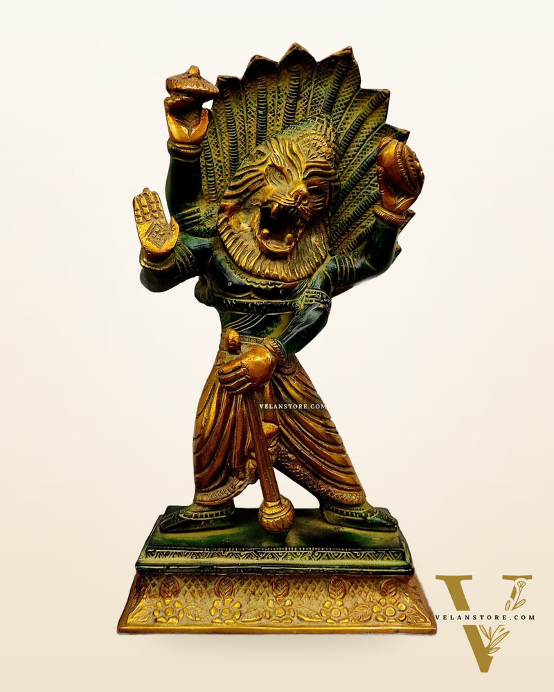 Antique Tone Brass Narasimha Statue - 12 inch