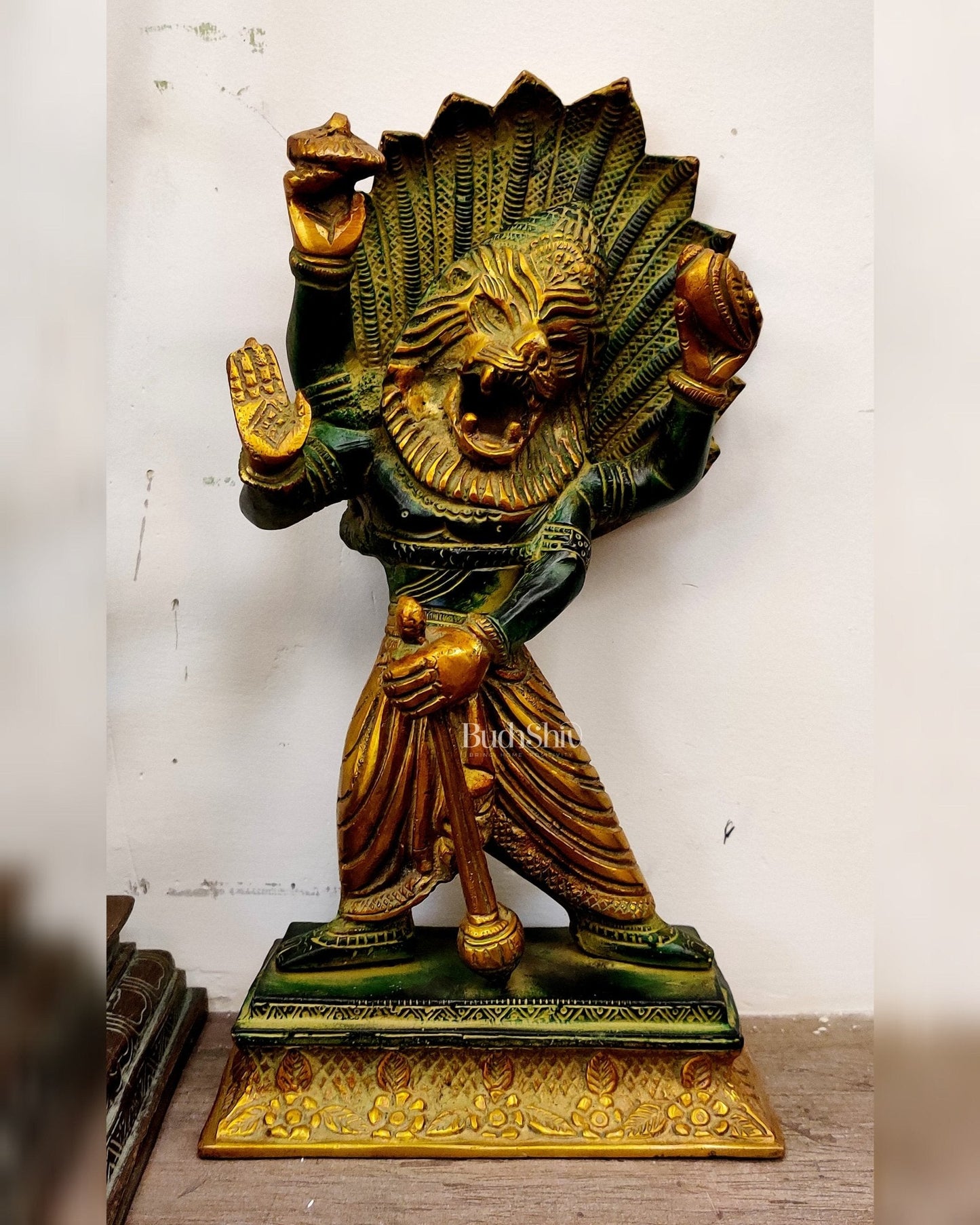 Antique Tone Brass Narasimha Statue - 12 inch