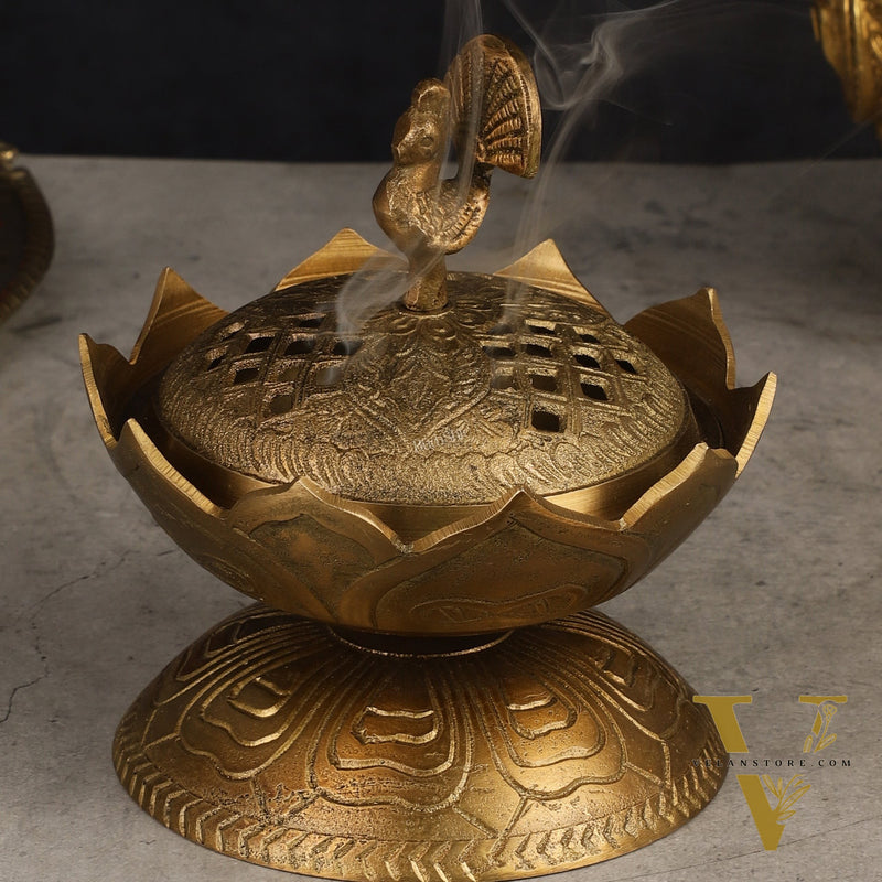 Antique Tone Pure Brass Peacock Dhoop Daani 4"