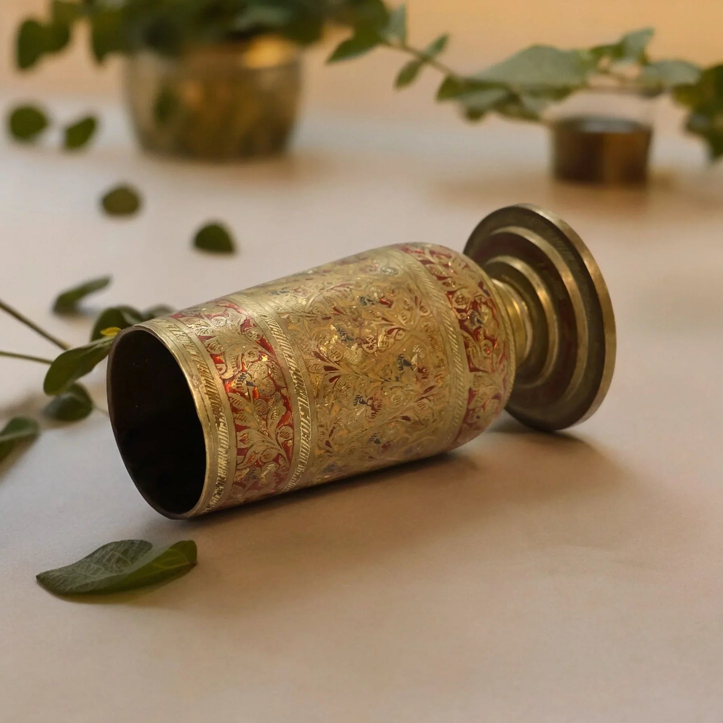 vintage brass glass with unique carving design