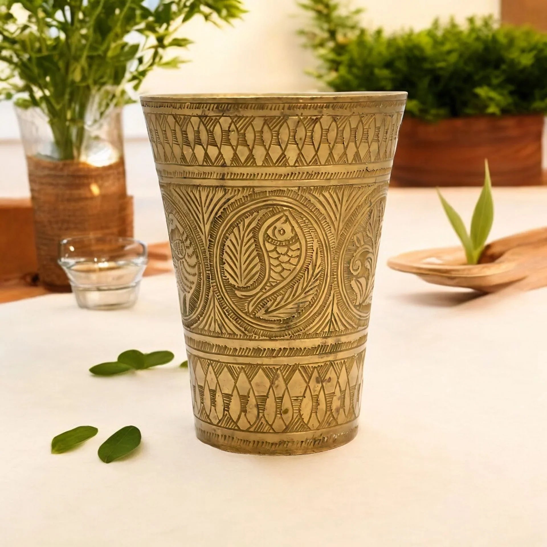 vintage brass lassi glass with unique carving design