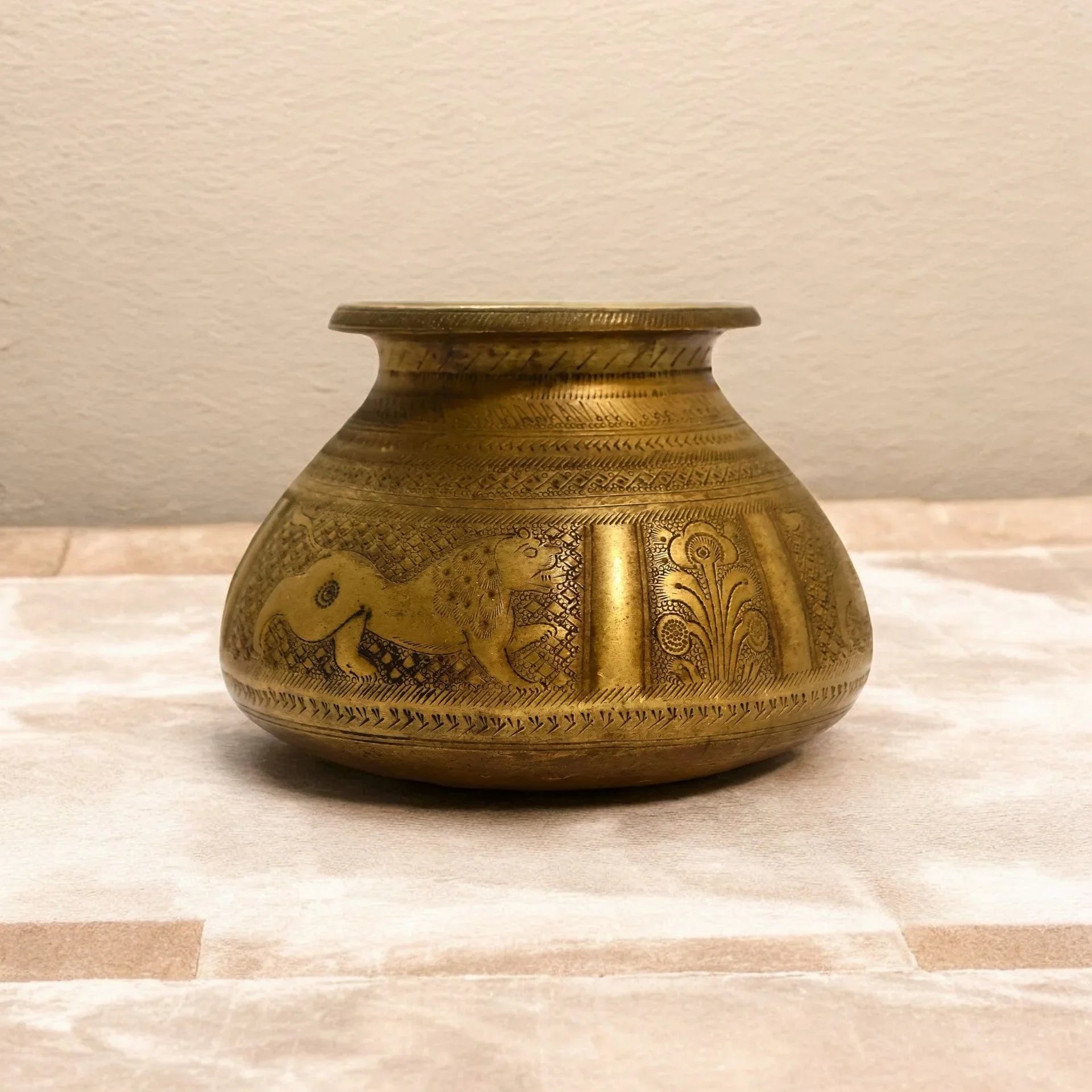 vintage Brass Old Tiger Carving design Lota