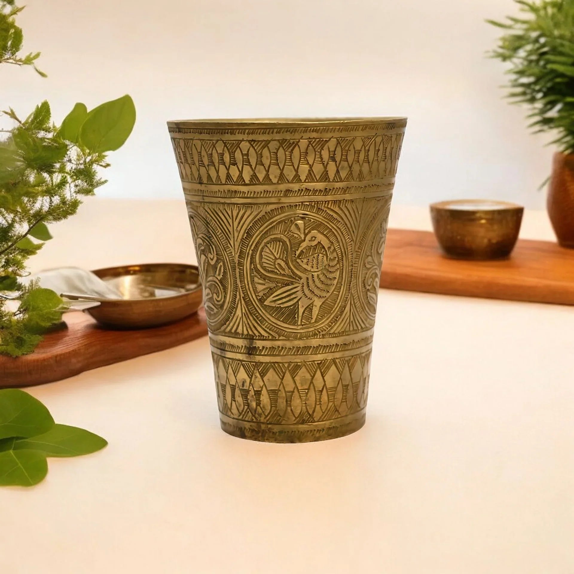 vintage brass lassi glass with unique carving design