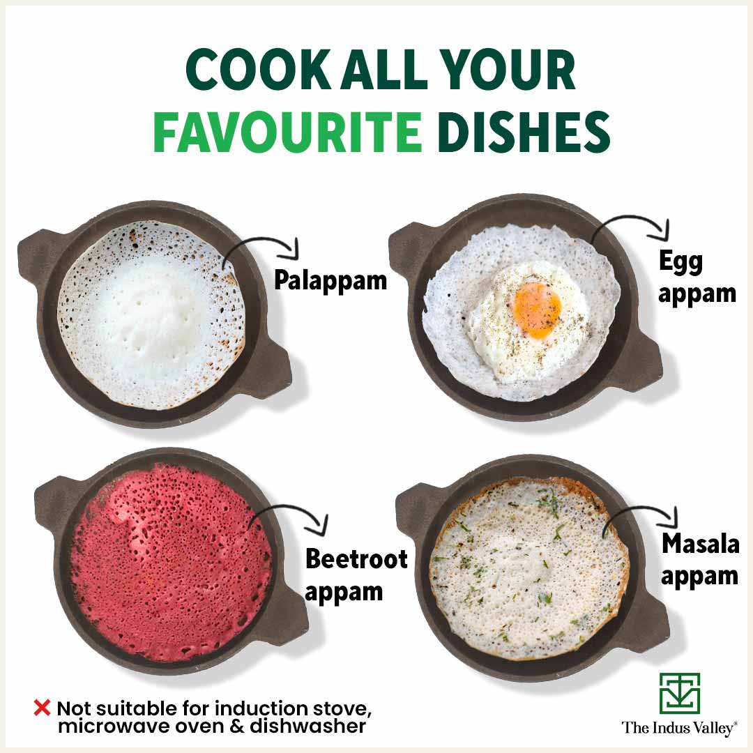 Super Smooth Cast Iron Appam Pan/Appachetty, Glass Lid,Pre-seasoned, Nonstick, 100% Pure, Toxin-free, 22cm, 1.9kg