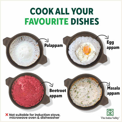 Super Smooth Cast Iron Appam Pan/Appachetty, Glass Lid,Pre-seasoned, Nonstick, 100% Pure, Toxin-free, 22cm, 1.9kg