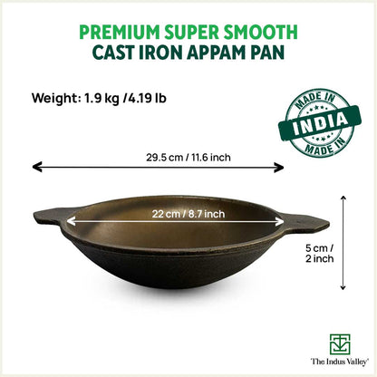 Super Smooth Cast Iron Appam Pan/Appachetty, Glass Lid,Pre-seasoned, Nonstick, 100% Pure, Toxin-free, 22cm, 1.9kg
