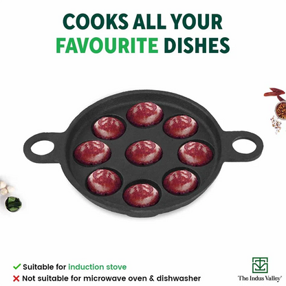 Super Smooth 9 Pit/Cup Cast Iron Paniyaram/Appe Pan+ Free Spatula, Pre-seasoned, Natural Nonstick, 100% Pure, Toxin-free, 20.7 cm, 2.8kg