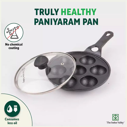 7 Pit/Cup CASTrong Cast Iron Paniyaram/Appe Pan+ Glass Lid, Pre-seasoned, Nonstick, 100% Pure, Toxin-free, 21 cm, 1.9 kg