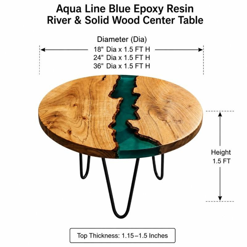 Aqua Line Blue Epoxy Resin River & Solid Wood Center Table