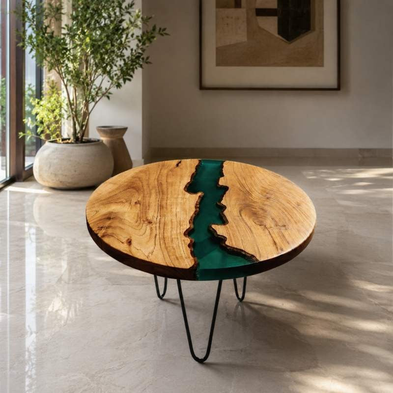 Aqua Line Blue Epoxy Resin River & Solid Wood Center Table
