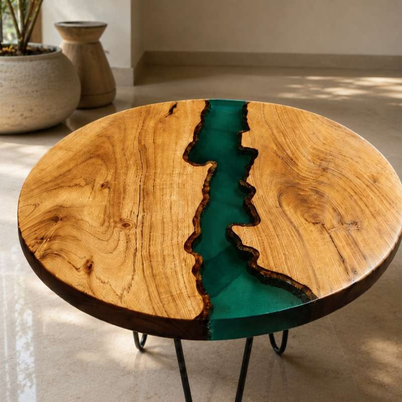 Aqua Line Blue Epoxy Resin River & Solid Wood Center Table